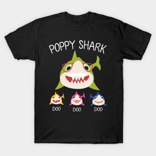 Sharks Swimming Together Happy Father Day Poppy Shark Doo Doo Doo Grandson Granddaughter T-Shirt